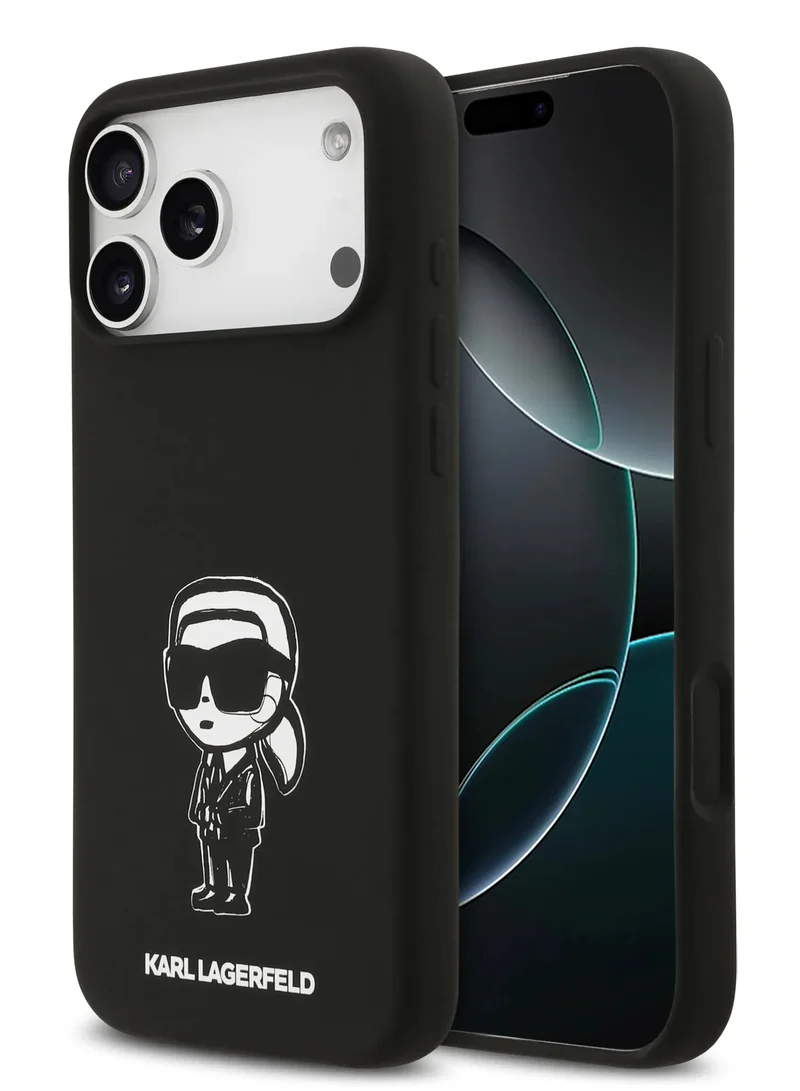 كارل لاغرفيلد جراب كارل لاغرفيلد السائل المصنوع من السيليكون لهاتف iPhone 17 Pro Max مع رسومات كارل / حماية من السقوط / سهل التركيب / تصميم نحيف / خفيف الوزن / غطاء خلفي - أسود