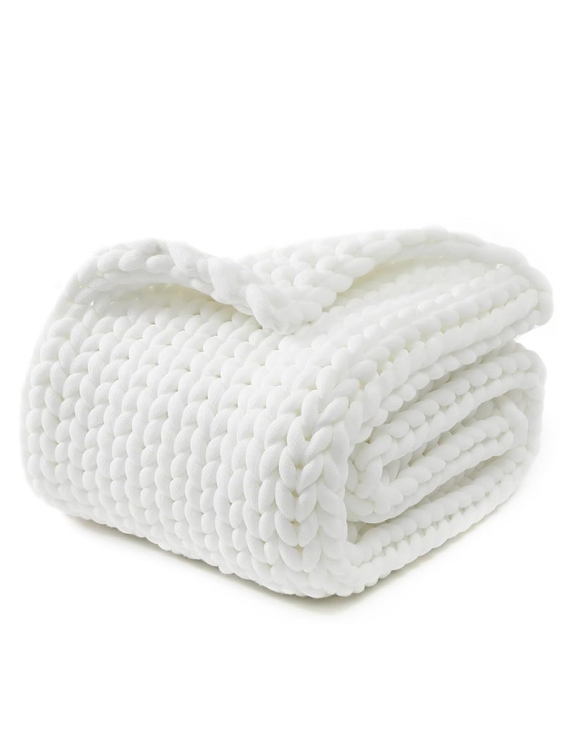 YnM Chunky Throw Blanket MediumWeight Hand Knitted Skin Friendly Ventilated and Breathable Machine Washable Home Dcor Piece for Couch Sofa and Bed White 50x70 Inch