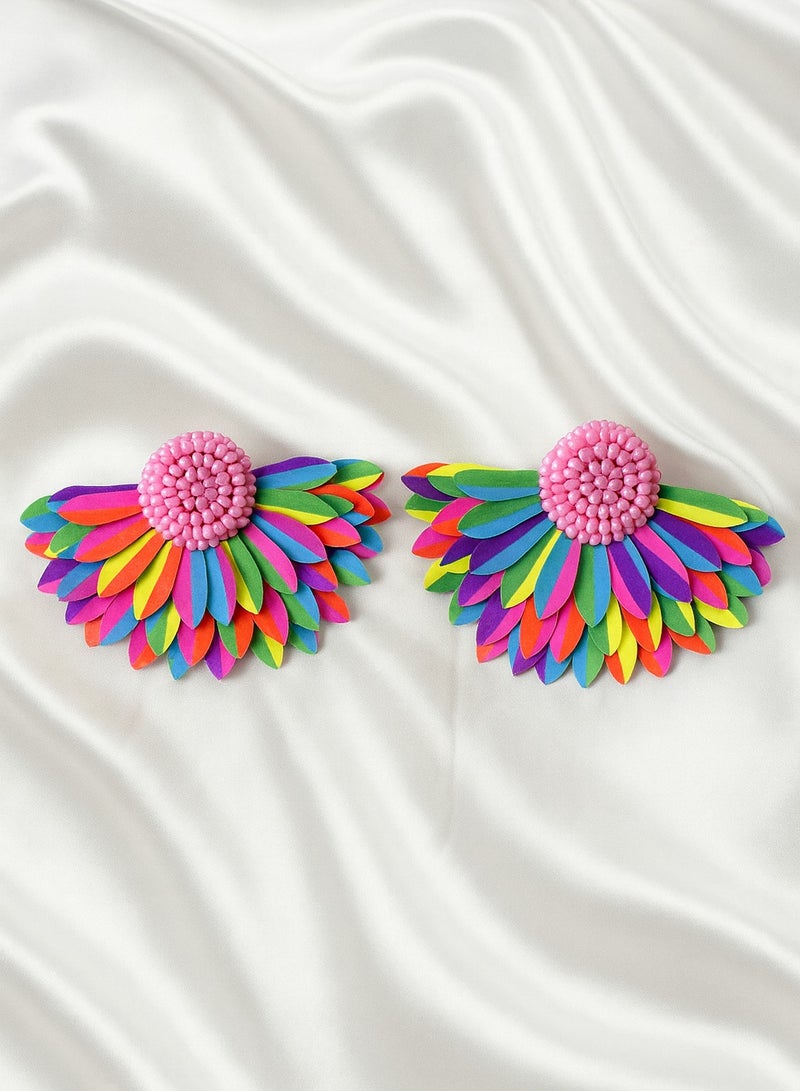 Ready For Chai Handmade Sunflower Beaded Floral Statement Earrings – Elegant Party & Ethnic Jewelry - Multicolor