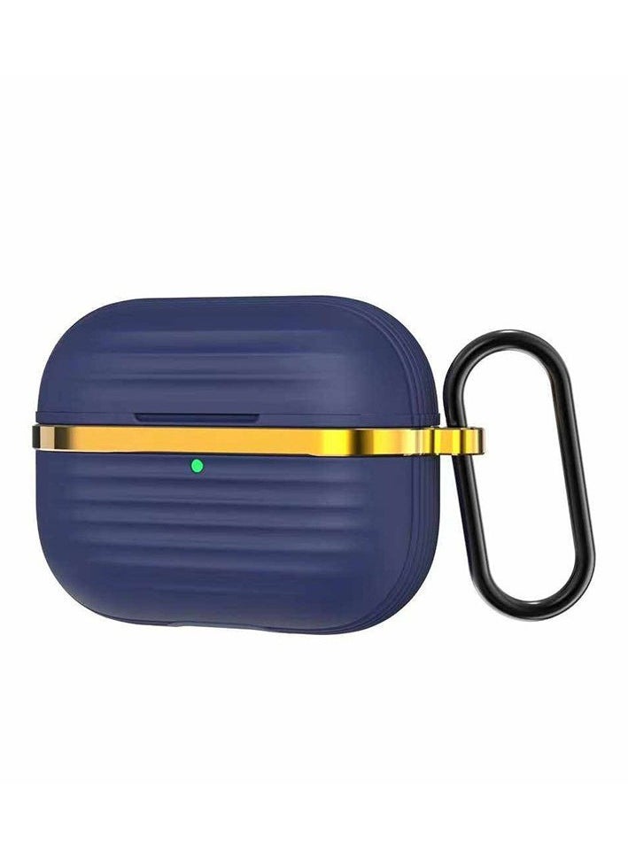 Generic Protective Silicone Case Cover with Gold Metal and Ribbed Design for AirPods Pro with Carabiner Hook Anti-Scratch, Anti-Slip Blue/Gold  - Image 1