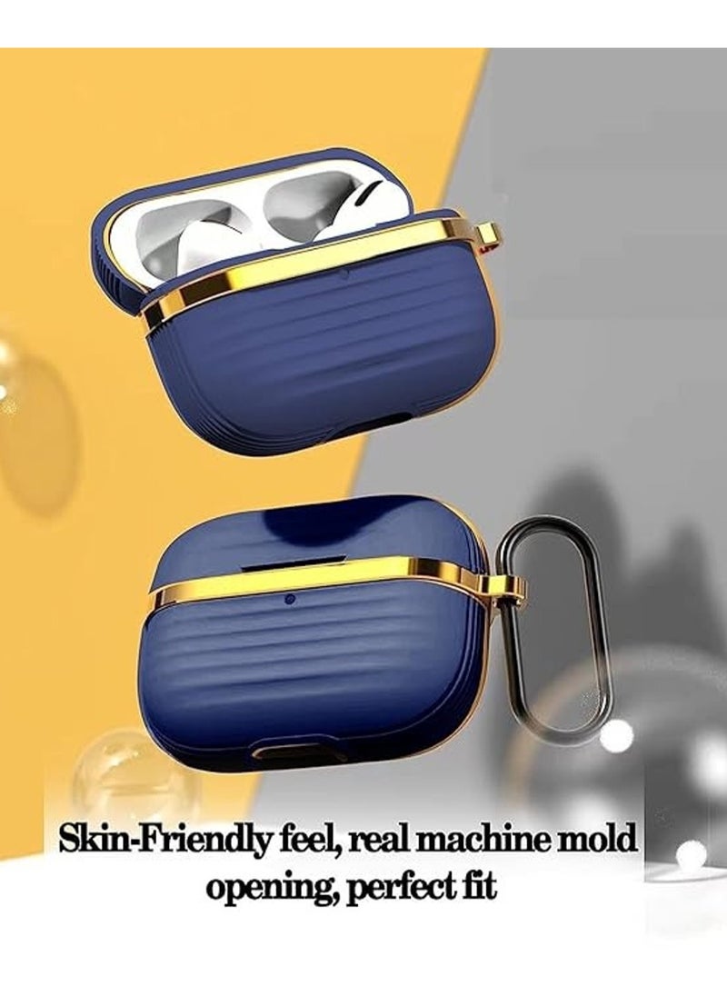 Generic Protective Silicone Case Cover with Gold Metal and Ribbed Design for AirPods Pro with Carabiner Hook Anti-Scratch, Anti-Slip Blue/Gold  - Image 2