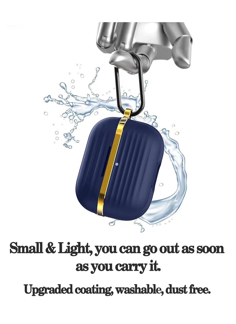 Generic Protective Silicone Case Cover with Gold Metal and Ribbed Design for AirPods Pro with Carabiner Hook Anti-Scratch, Anti-Slip Blue/Gold  - Image 3
