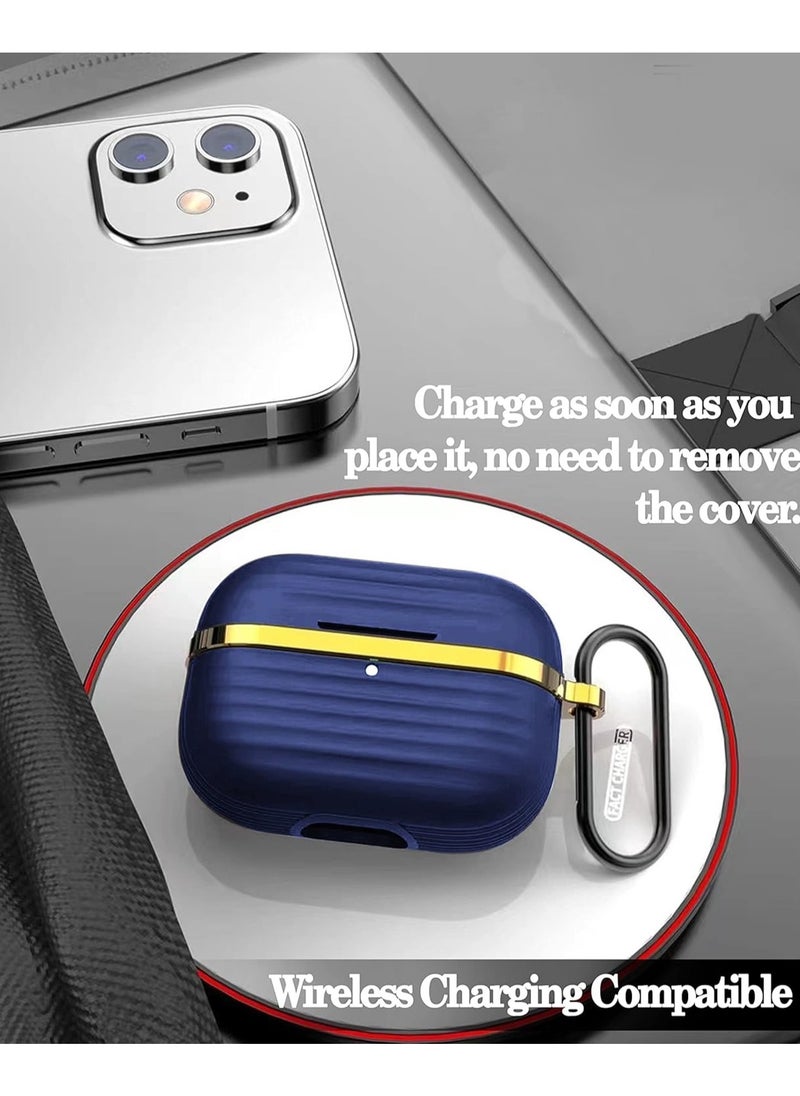 Generic Protective Silicone Case Cover with Gold Metal and Ribbed Design for AirPods Pro with Carabiner Hook Anti-Scratch, Anti-Slip Blue/Gold  - Image 4