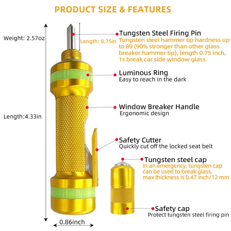 Allelic Car Window Breaker Tool, Window Breaker Seatbelt Cutter, Window Breaker, Glass Breaker, Spring Loaded Window Breaker for Land & Underwater (Gold) - Image 4