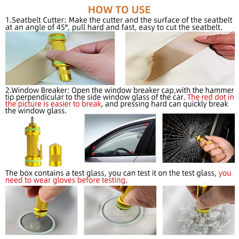 Allelic Car Window Breaker Tool, Window Breaker Seatbelt Cutter, Window Breaker, Glass Breaker, Spring Loaded Window Breaker for Land & Underwater (Gold) - Image 5