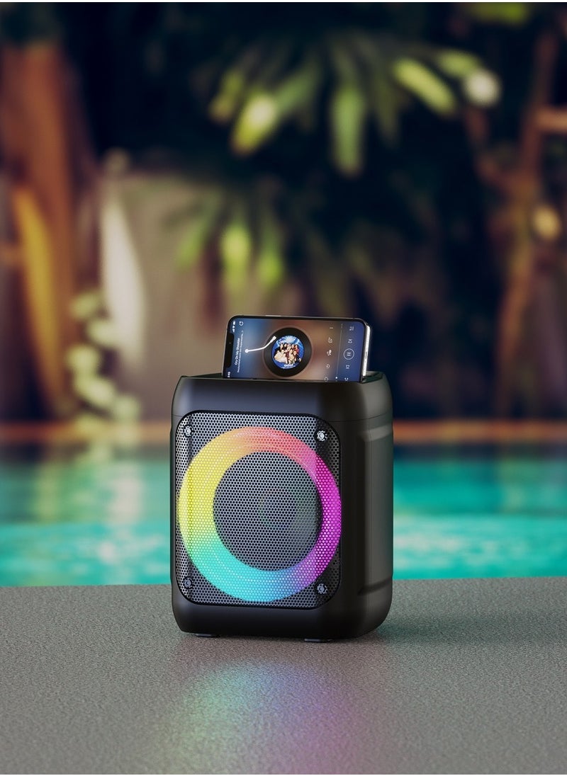Portable Wireless Bluetooth Speaker with Bluetooth v5.0, 8W RMS Output, 4-inch Driver, True Wireless Stereo (TWS) Technology, Dynamic RGB LED Lights, Built-in 2000mAh Rechargeable Battery with 5 Hours Playback, USB & Micro SD Card Support, AUX & Mic Input for Karaoke, FM Radio, Compact for Travel