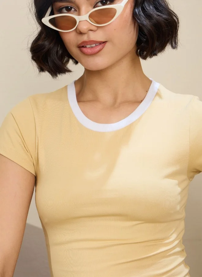 SASSAFRAS Beige Slim Fit Crop T-Shirt for Women