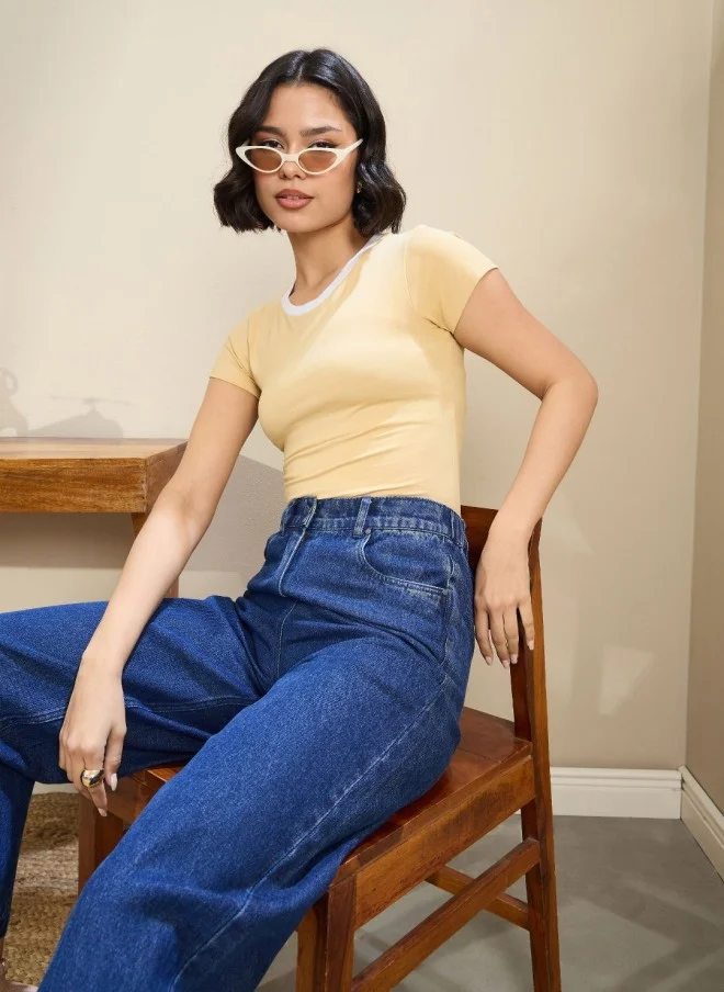 SASSAFRAS Beige Slim Fit Crop T-Shirt for Women
