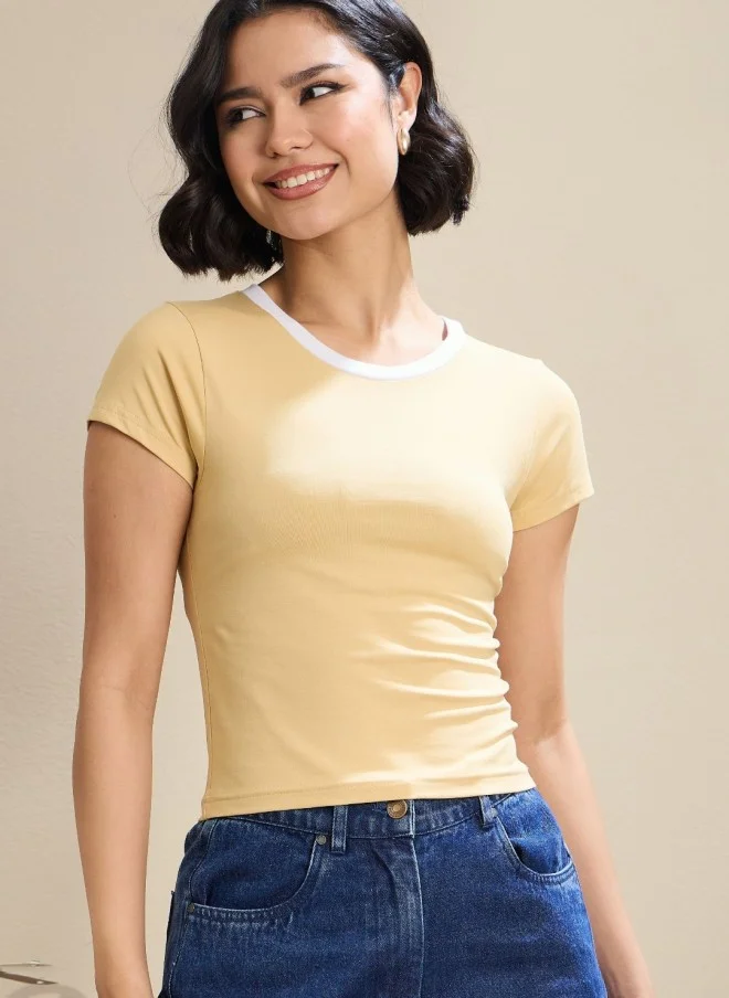 SASSAFRAS Beige Slim Fit Crop T-Shirt for Women