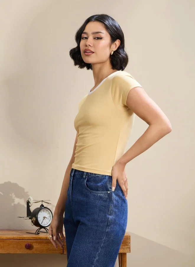 SASSAFRAS Beige Slim Fit Crop T-Shirt for Women