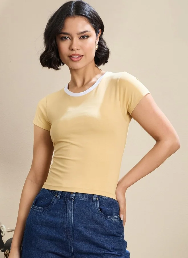 SASSAFRAS Beige Slim Fit Crop T-Shirt for Women