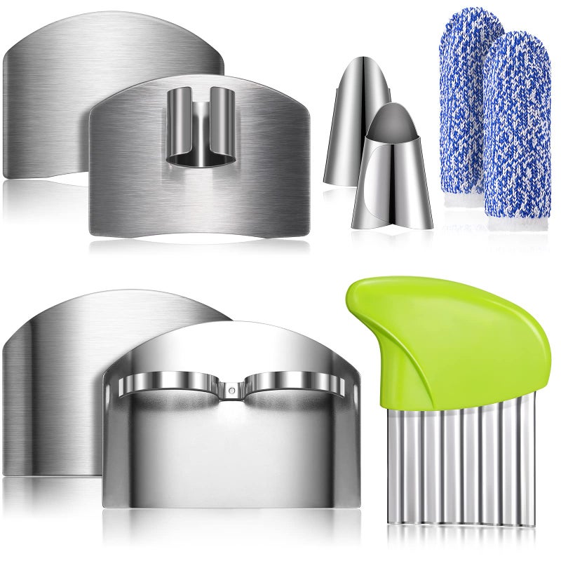 Raiten 9 Pcs Finger Guard Set for Cutting Include 4 Stainless Steel Knife Cutting Protector 2 Thumb Guard Protector 2 Finger Cots Potato Butter Lettuce Crinkle Cutter for Cutting Food to Avoid Hurting