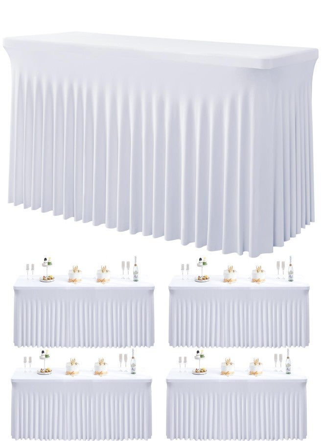 Htper 4 Pack White Spandex Tablecloths for 6 Foot Rectangle Tables, Wrinkle Free Stretchy Table Cloths 6ft Fitted Table Cover DeskSkirt for Weddings Birthday Party Banquet Baby Shower - Image 1