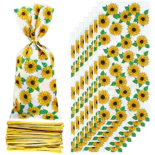 Tenare 100 Pieces Sunflower Cellophane Bags Sunflower Party Reception Bags Party Treat Candy Plastic Goodie Storage with 150 Pieces Gold Twist Ties for Party Favors - Image 2