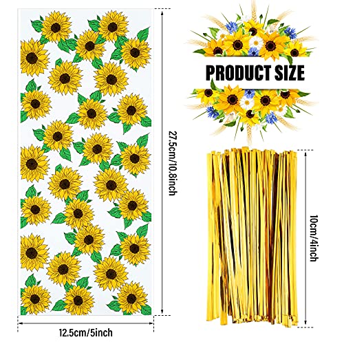 Tenare 100 Pieces Sunflower Cellophane Bags Sunflower Party Reception Bags Party Treat Candy Plastic Goodie Storage with 150 Pieces Gold Twist Ties for Party Favors - Image 5