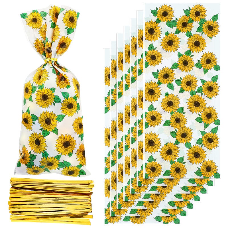 Tenare 100 Pieces Sunflower Cellophane Bags Sunflower Party Reception Bags Party Treat Candy Plastic Goodie Storage with 150 Pieces Gold Twist Ties for Party Favors - Image 3
