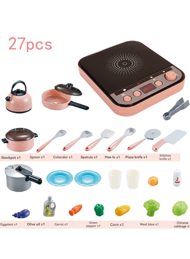 Pink Induction Cooker 27 Pieces Children'S Play House Simulation Sound And Light Spray Mini Kitchen Cooking Toys Boys And Girls Frying Cooking Educational Toys - Image 1