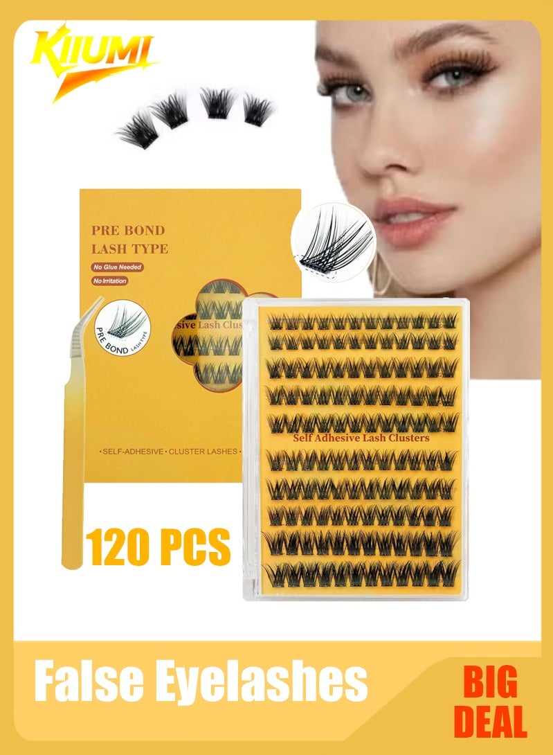 KIIUMI Self Adhesive Eyelashes Natural Look, No Glue Needed Lash Clusters with Eyelash Clusters Tweezer, 120 Pcs Reusable Lashes Self Adhesive for Beginners, DIY Lash Extensions for Home Use - Image 1