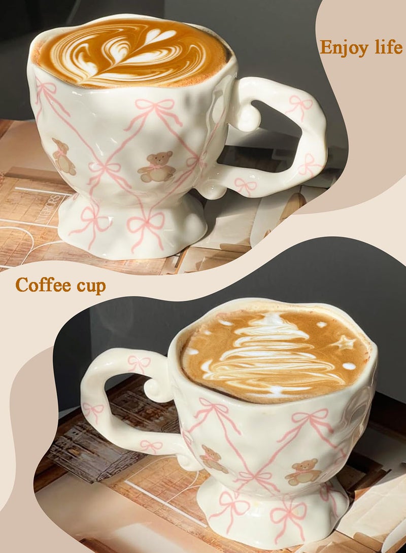 EzzySo Ceramic Coffee Mug with Pink Bow Cute Bear, Handmade Water Cup for Tea Milk Latte Cocoa, Funky Coffee Cup for Hot and Cold Beverages for Ramadan Birthday Valentine Graduation Gifts, 400 Ml/13.53 OZ  - Image 2