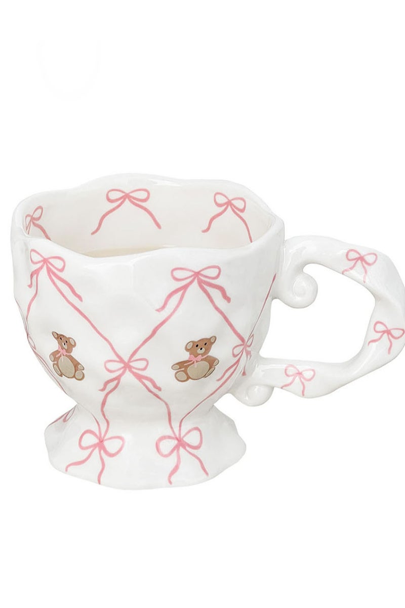 EzzySo Ceramic Coffee Mug with Pink Bow Cute Bear, Handmade Water Cup for Tea Milk Latte Cocoa, Funky Coffee Cup for Hot and Cold Beverages for Ramadan Birthday Valentine Graduation Gifts, 400 Ml/13.53 OZ  - Image 1