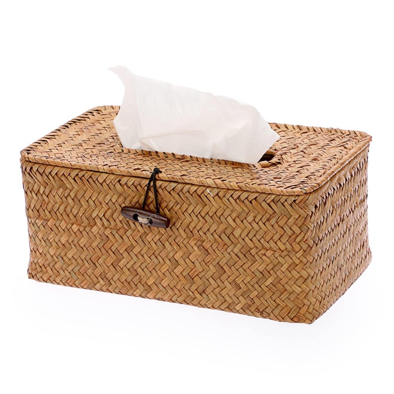 Shonmogar Tissue Box Cover Rectangle Seagrass Tissue Box  Woven Tissue Box Holder With Lid  Farmhouse Style Tissue Cover For Bathroom Toilet Living Room Bedroom Kitchen Table Desk Office Car  Caramel - Image 1