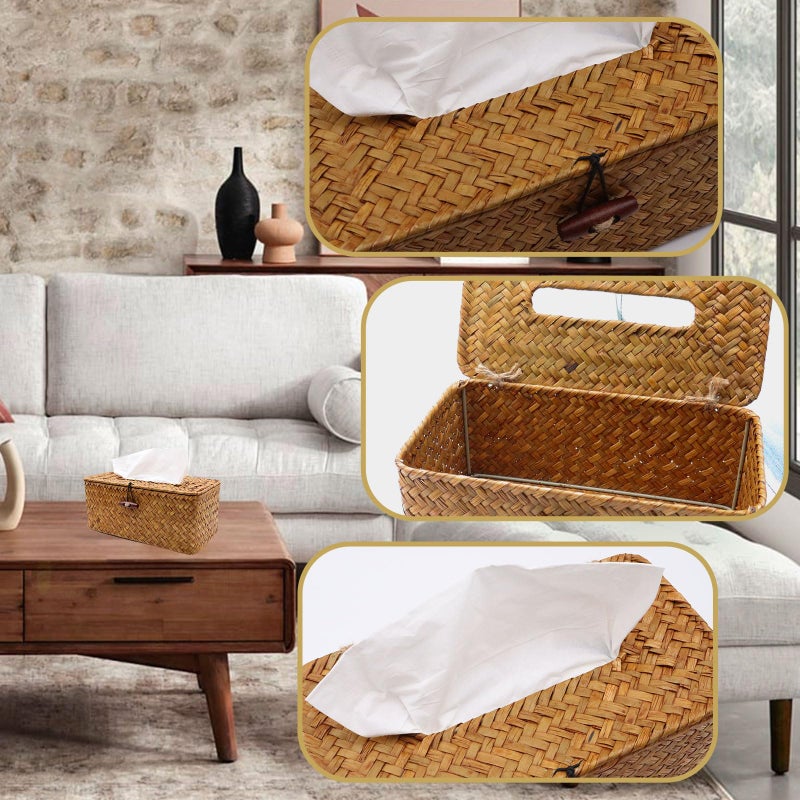 Shonmogar Tissue Box Cover Rectangle Seagrass Tissue Box  Woven Tissue Box Holder With Lid  Farmhouse Style Tissue Cover For Bathroom Toilet Living Room Bedroom Kitchen Table Desk Office Car  Caramel - Image 3