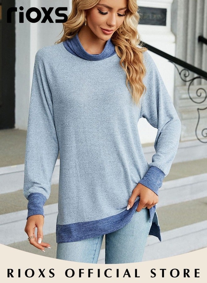 ريوكس بلوزات نسائية طويلة الأكمام بياقة عالية، بلوزات فضفاضة بألوان ناعمة، تيشيرتات كاجوال بياقة عالية وأساور وأطراف متباينة، بلوزات ناعمة ومريحة وعصرية لفصلي الربيع والخريف، مناسبة للمواعيد الغرامية/المكتب/الاستخدام اليومي/السفر/المنزل/المدرسة/الإجازة. - Image 5