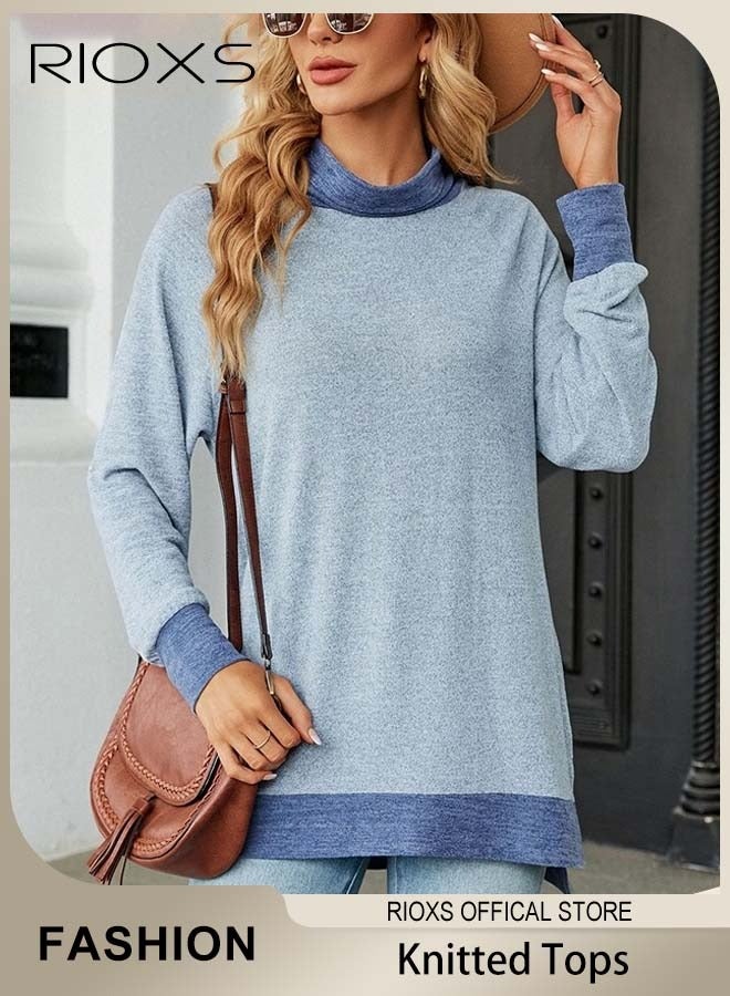 ريوكس بلوزات نسائية طويلة الأكمام بياقة عالية، بلوزات فضفاضة بألوان ناعمة، تيشيرتات كاجوال بياقة عالية وأساور وأطراف متباينة، بلوزات ناعمة ومريحة وعصرية لفصلي الربيع والخريف، مناسبة للمواعيد الغرامية/المكتب/الاستخدام اليومي/السفر/المنزل/المدرسة/الإجازة. - Image 1