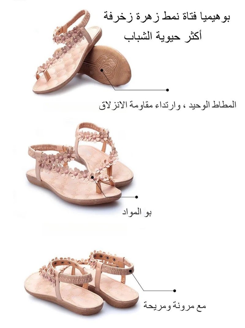 صندل بناتي وردي بوهيمي زهري مغلق للأصابع، حذاء صيفي يومي من مادة البو مع حزام مرن، هدية مثالية للشاطئ والاستخدام اليومي للبنات - Image 3
