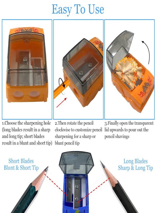 BADAO Pencil Sharpener,6PCS Car Shape Manual Pencil Sharpeners,Dual Hole Sharpener with Lid,Handheld Rotary Pencil Sharpener for Students School Supplies,Class Home Office or Art Studio(One Assorted Color) - Image 4