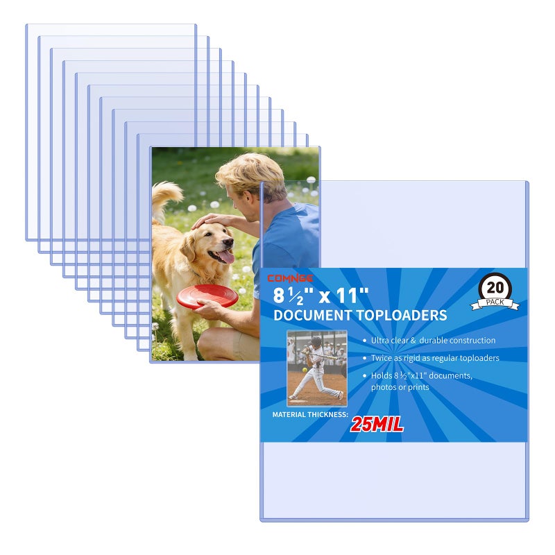 Comnge 8.5x11 Inch Heavy Duty Document Toploader - Anti-Yellowing 25Mil Page Sheet Protector Holder, Clear Plastic Sleeves for Birth Certificates, Photos, Prints, Menu Archival Storage Display(20 Pack) - Image 1