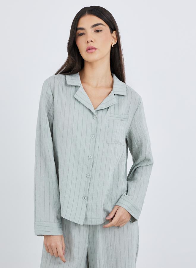 Styli Textured Buttoned Striped Shirt and Pyjama Set - Image 3