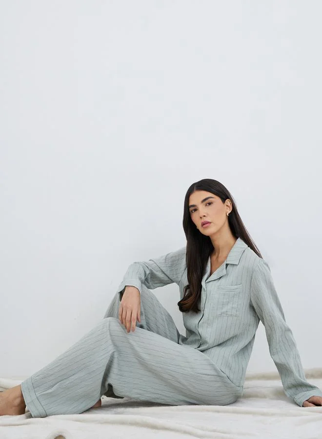 Styli Styli Textured Buttoned Striped Shirt and Pyjama Set