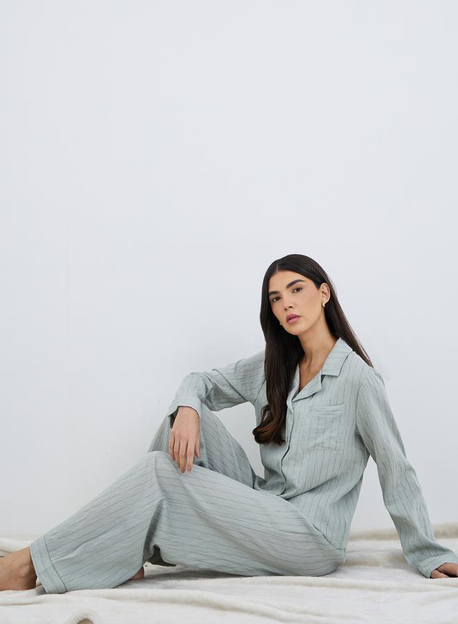 Styli Textured Buttoned Striped Shirt and Pyjama Set - Image 1