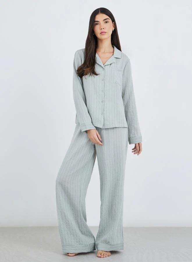 Styli Styli Textured Buttoned Striped Shirt and Pyjama Set