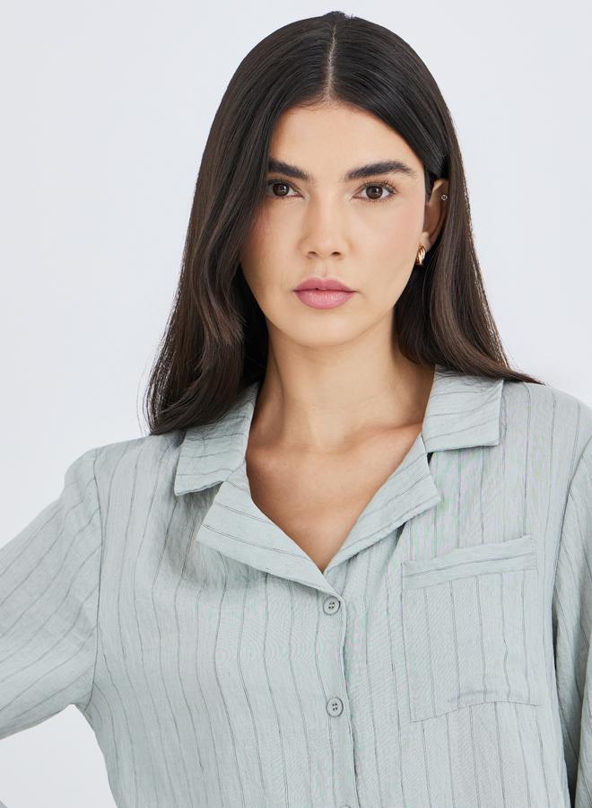 Styli Textured Buttoned Striped Shirt and Pyjama Set - Image 4