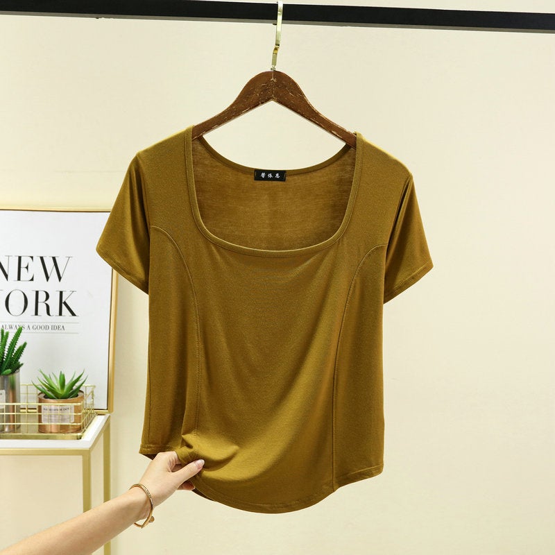 Black Modal Square Collar Short-Sleeved T-Shirt For Women Summer Slim-Fit Off-The-Collarbone Top French Half-Sleeve Base - Image 5