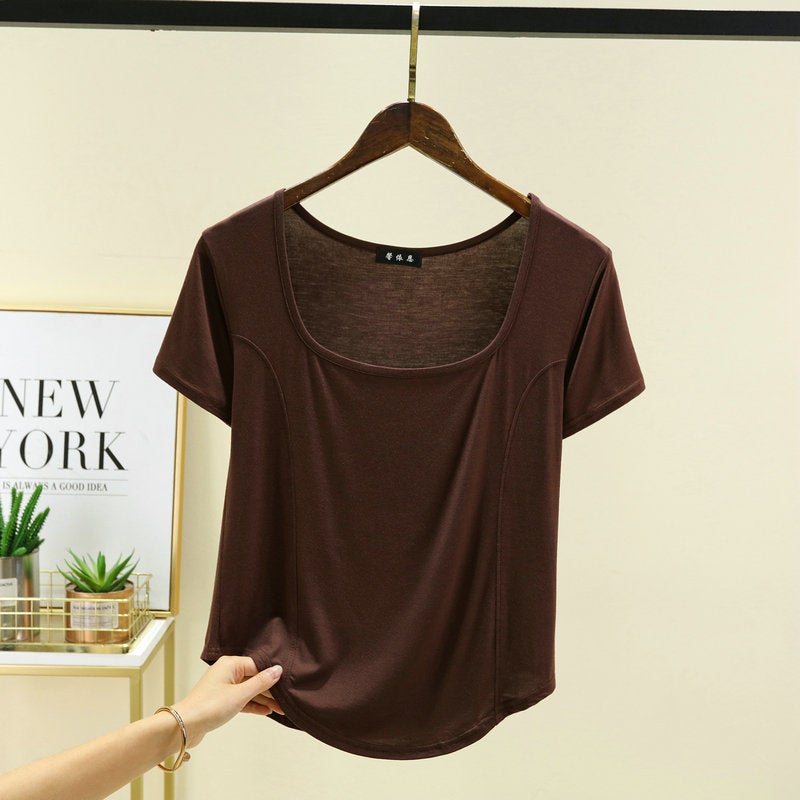 Black Modal Square Collar Short-Sleeved T-Shirt For Women Summer Slim-Fit Off-The-Collarbone Top French Half-Sleeve Base - Image 1