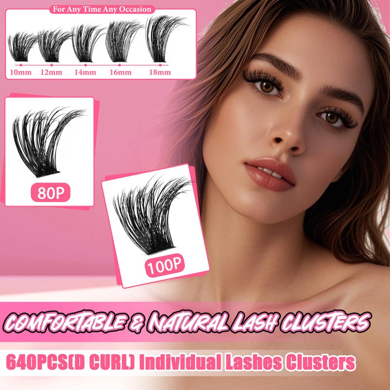 Gmagictobo Lash Clusters 80D 100D C Curl Lash Clusters Kit DIY Lash Extension Kit 640Pcs 10-18MM Individual Lashes Clusters Eyelash Extensions with Lash Bond and Seal Lash Tweezers - Image 5