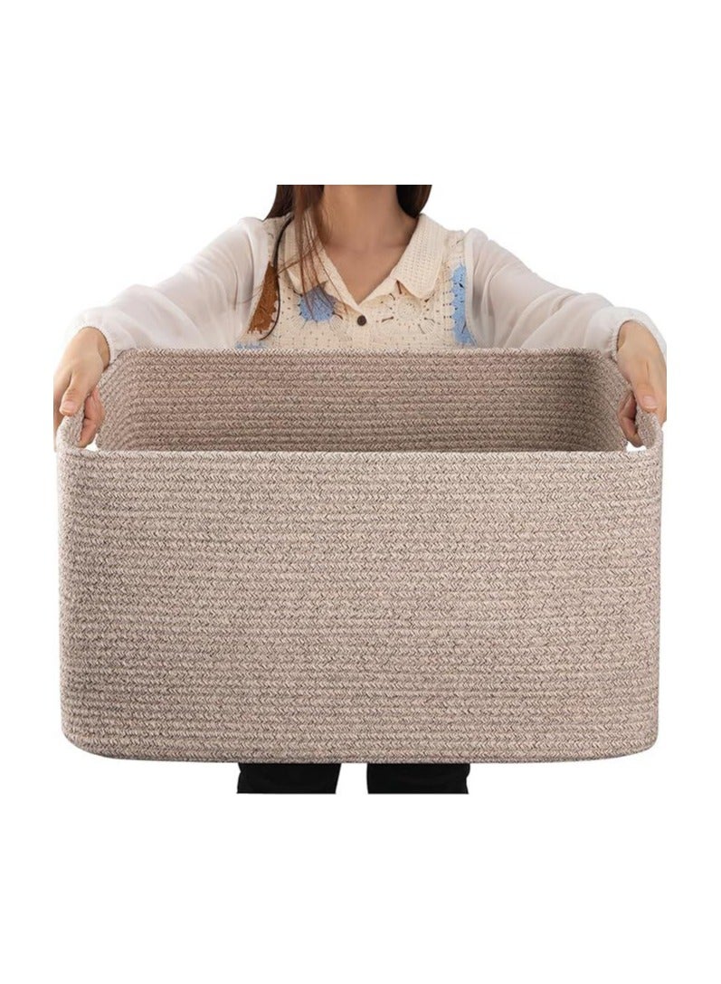 75L Large Blanket Basket, Woven Storage Basket With Handle, Cotton Rope Basket 22”X17”X12”,Blanket Basket Living Room, Toy Basket For Nursery, Brown Variegated  - Image 1