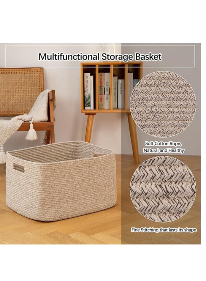 75L Large Blanket Basket, Woven Storage Basket With Handle, Cotton Rope Basket 22”X17”X12”,Blanket Basket Living Room, Toy Basket For Nursery, Brown Variegated  - Image 5