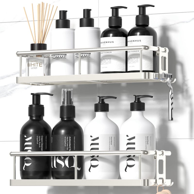 YASONIC Shower Caddy Adhesive, No Drill Bathroom Shower Organizers, with Removable Hooks, Rust Proof Shower Shelves, Wall-Mounted Shower Holder, 2 Pack Silver - Image 1