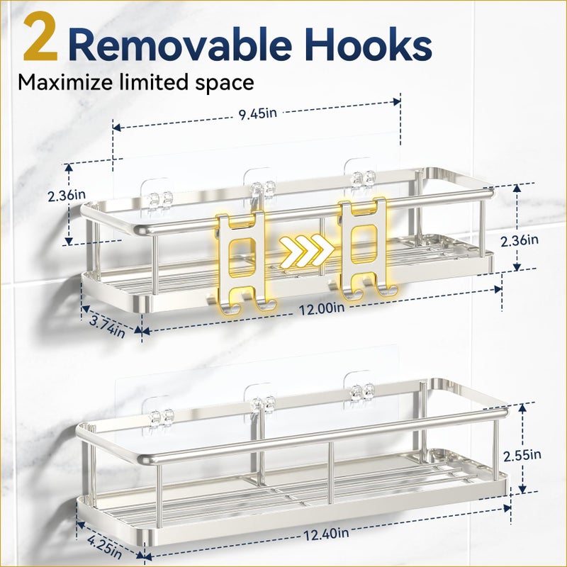 YASONIC Shower Caddy Adhesive, No Drill Bathroom Shower Organizers, with Removable Hooks, Rust Proof Shower Shelves, Wall-Mounted Shower Holder, 2 Pack Silver - Image 2