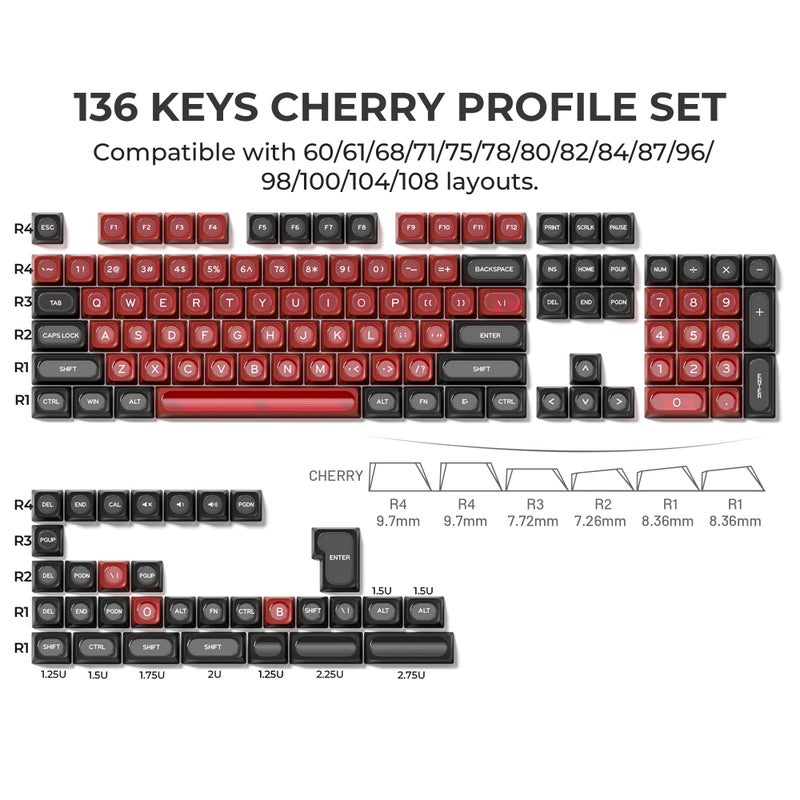 OHY XVX Black and Red Shine Through Keycaps for Mechanical Keyboards - 136 Keys Red Translucent Cat Eye Design,Cherry MAX Profile, PC+PBT Frosted RGB Keycaps - Image 3