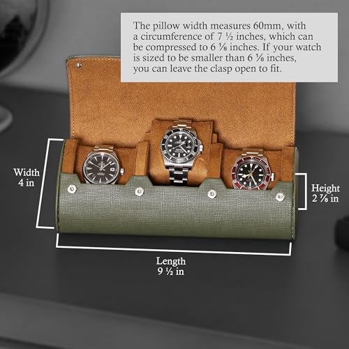 ROTHWELL Watch Roll Travel Case for 3 Watches | Tough Portable Protection, Fits All Wrist Watch & Smart Watches Up to 50mm (Green/Tan) - Image 2