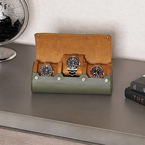 ROTHWELL Watch Roll Travel Case for 3 Watches | Tough Portable Protection, Fits All Wrist Watch & Smart Watches Up to 50mm (Green/Tan) - Image 4