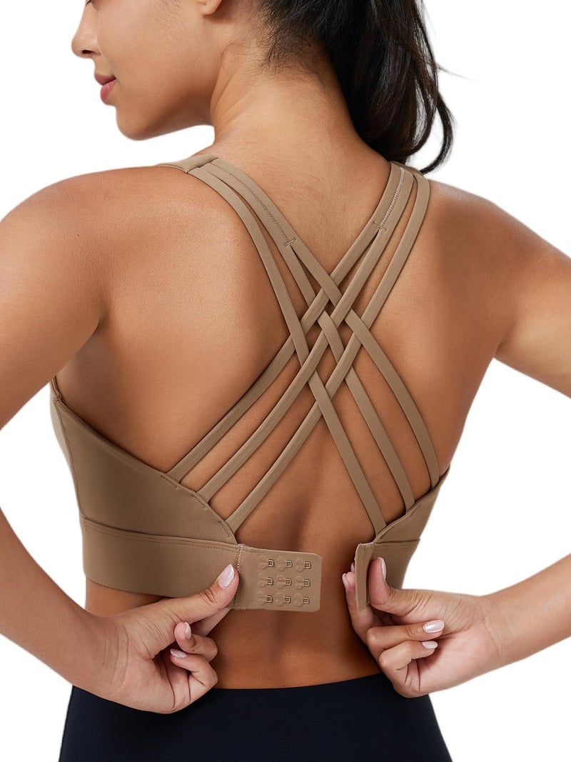BYAWAY High Impact Sports Bra for Women High Support Molded Cups Strappy Womenâ€™s Sports Bra for Workout,Training and Running Brown - Image 1