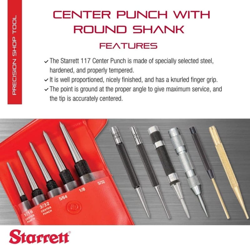 Starrett Steel Center Punch with Round Shank and Knurled Finger Grip - Hardened and Tempered Steel, 4" Length, 5/32" Diameter Tapered - 117D - Image 1