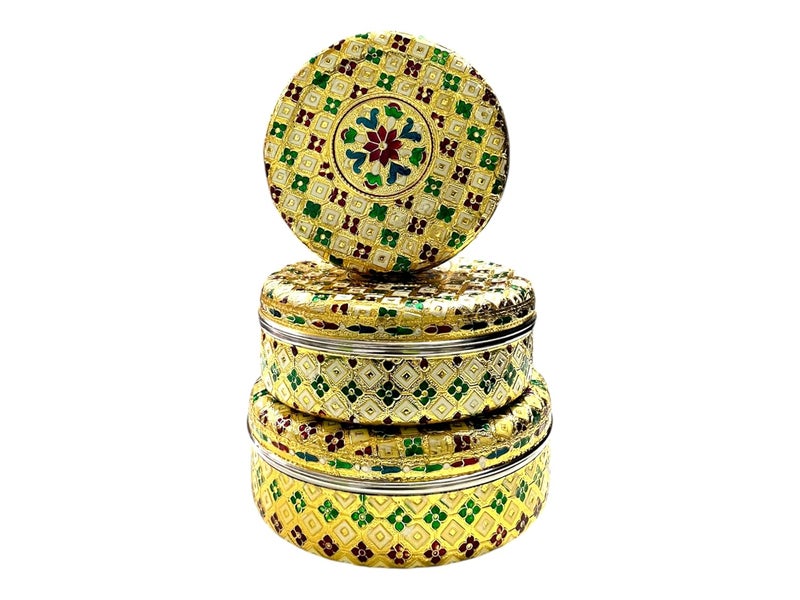CRAFTS WORLD Meenakari Container Flower Design Round Dabba Chapati Box Golden Meenakari Storage Box Marriage Return GiftGold75 x 75 x 27 InchPack Of 3 - Image 1