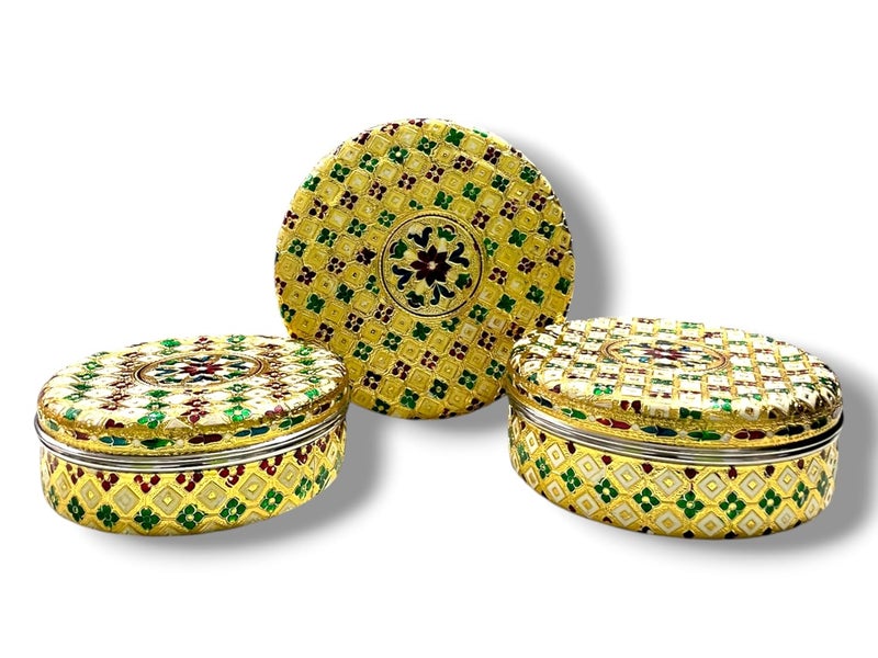 CRAFTS WORLD Meenakari Container Flower Design Round Dabba Chapati Box Golden Meenakari Storage Box Marriage Return GiftGold75 x 75 x 27 InchPack Of 3 - Image 5